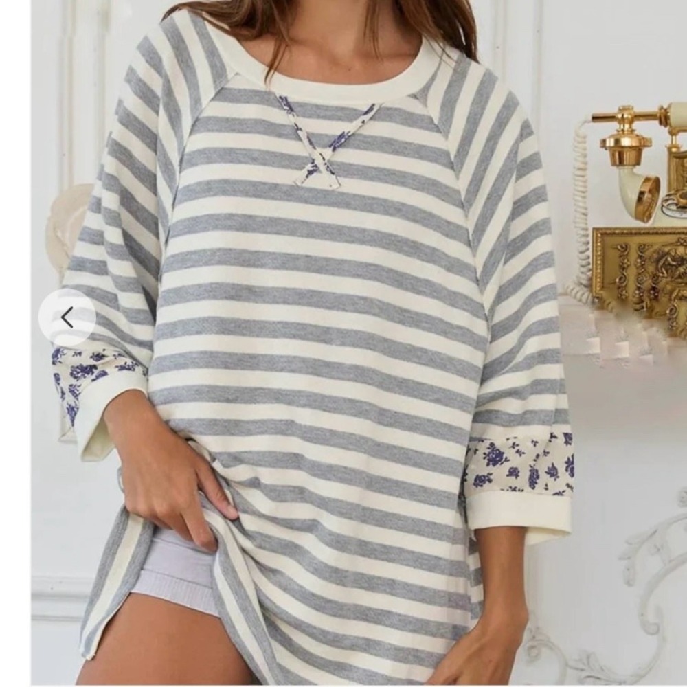 Bucketlist‎ Oversized Striped Floral Pullover Raglan 3/4 Sleeve Top L Boho Cozy
